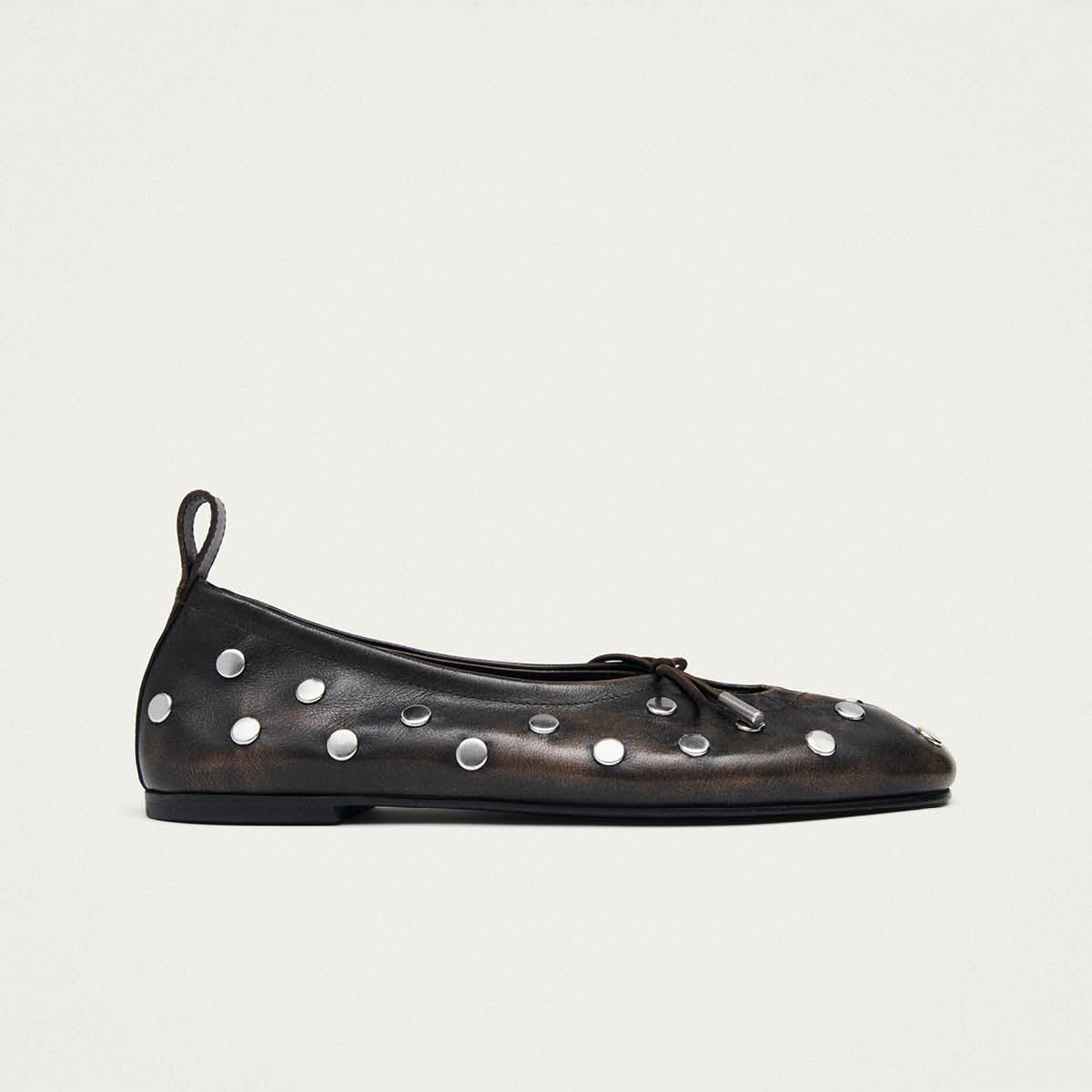 Rosalind All Studs Vintage Effect Brown Leather Ballet Flats - Image 3