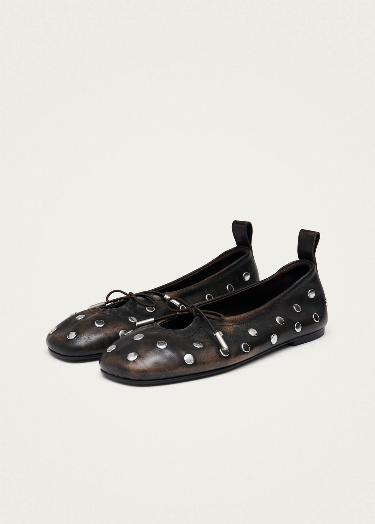 Rosalind All Studs Vintage Effect Brown Leather Ballet Flats - Image 5