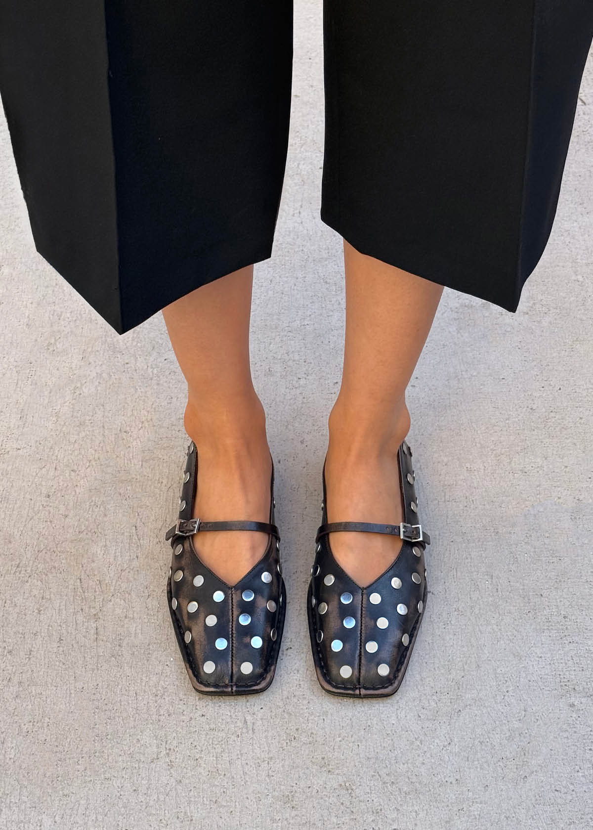 Sway All Studs Vintage Effect Dark Brown Leather Ballet Flats - Image 2