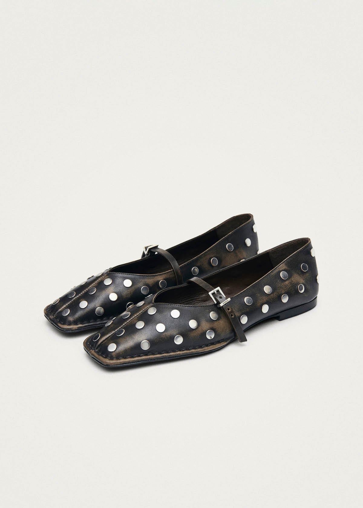 Sway All Studs Vintage Effect Dark Brown Leather Ballet Flats - Image 5